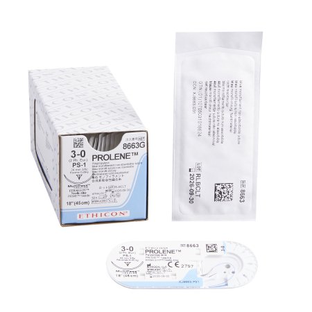 J & J Healthcare Systems  8663G Nonabsorbable Suture with Needle Prolene Polypropylene PS-1 3/8 Circle Precision Reverse Cutting Needle Size 3 - 0 Monofilament