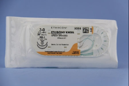 J & J Healthcare Systems  X558H Nonabsorbable Suture with Needle Ethibond Polyester RB-1 1/2 Circle Taper Point Needle Size 3 - 0 Braided