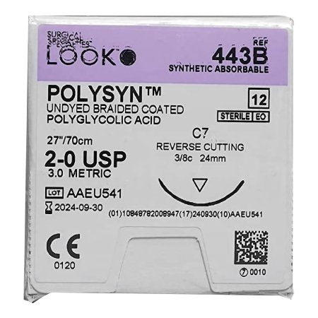 Surgical Specialties  443B Absorbable Suture with Needle PolySyn Polyglycolic Acid C-7 3/8 Circle Reverse Cutting Needle Size 2 - 0 Braided