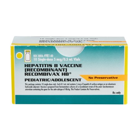 Merck  00006498100 Recombivax HB Hepatitis B Vaccine Indicated for People from Birth Through 19 Years of Age 5 mcg / 0.5 mL Injection Single-Dose Vial 0.5 mL