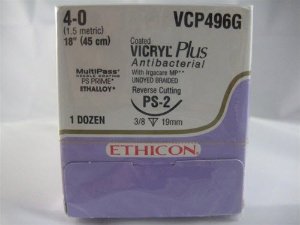 J & J Healthcare Systems  VCP496G Absorbable Antibacterial Suture with Needle Coated Vicryl Plus Polyglactin 910 with Irgacare MP Antibacterial Suture PS-2 3/8 Circle Precision Reverse Cutting Needle Size 4 - 0 Braided