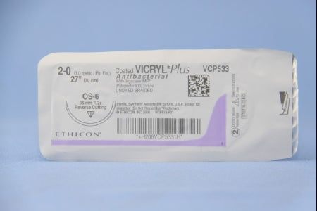 J & J Healthcare Systems  VCP533H Absorbable Antibacterial Suture with Needle Coated Vicryl Plus Polyglactin 910 with Irgacare MP Antibacterial Suture OS-6 1/2 Circle Reverse Cutting Needle Size 2 - 0 Braided