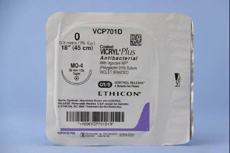 J & J Healthcare Systems  VCP701D Absorbable Antibacterial Suture with Needle Coated Vicryl Plus Polyglactin 910 MO-4 1/2 Circle Taper Point Needle Size 0 Braided