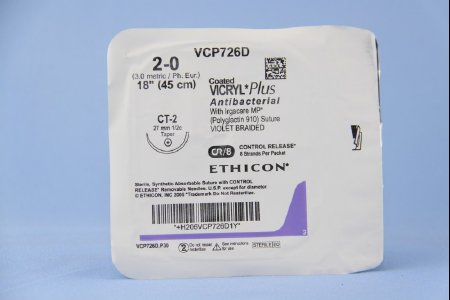 J & J Healthcare Systems  VCP726D Absorbable Antibacterial Suture with Needle Coated Vicryl Plus Polyglactin 910 CT-2 1/2 Circle Taper Point Needle Size 2 - 0 Braided