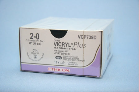 J & J Healthcare Systems  VCP739D Absorbable Antibacterial Suture with Needle Coated Vicryl Plus Polyglactin 910 CT-1 1/2 Circle Taper Point Needle Size 2 - 0 Braided