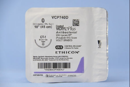 J & J Healthcare Systems  VCP740D Absorbable Antibacterial Suture with Needle Coated Vicryl Plus Polyglactin 910 CT-1 1/2 Circle Taper Point Needle Size 0 Braided