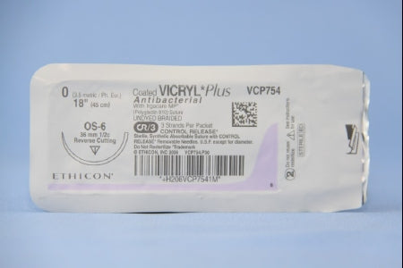 J & J Healthcare Systems  VCP754T Absorbable Antibacterial Suture with Needle Coated Vicryl Plus Polyglactin 910 with Irgacare MP Antibacterial Suture OS-6 1/2 Circle Reverse Cutting Needle Size 0 Braided