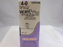 J & J Healthcare Systems  VCP214H Absorbable Antibacterial Suture with Needle Coated Vicryl Plus Polyglactin 910 with Irgacare MP Antibacterial Suture RB-1 1/2 Circle Taper Point Needle Size 4 - 0 Braided