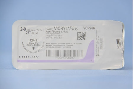 J & J Healthcare Systems  VCP266H Absorbable Antibacterial Suture with Needle Coated Vicryl Plus Polyglactin 910 with Irgacare MP Antibacterial Suture CP-1 1/2 Circle Reverse Cutting Needle Size 2 - 0 Braided