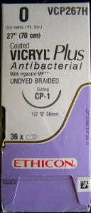 J & J Healthcare Systems  VCP267H Absorbable Antibacterial Suture with Needle Coated Vicryl Plus Polyglactin 910 with Irgacare MP Antibacterial Suture CP-1 1/2 Circle Reverse Cutting Needle Size 0 Braided