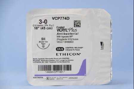 J & J Healthcare Systems  VCP774D Absorbable Antibacterial Suture with Needle Coated Vicryl Plus Polyglactin 910 SH 1/2 Circle Taper Point Needle Size 3 - 0 Braided