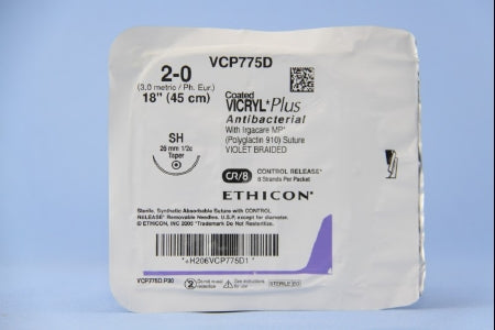 J & J Healthcare Systems  VCP775D Absorbable Antibacterial Suture with Needle Coated Vicryl Plus Polyglactin 910 SH 1/2 Circle Taper Point Needle Size 2 - 0 Braided