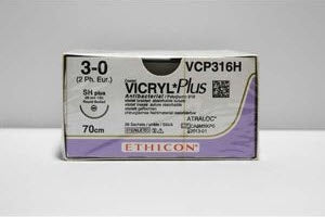 J & J Healthcare Systems  VCP316H Absorbable Antibacterial Suture with Needle Coated Vicryl Plus Polyglactin 910 SH 1/2 Circle Taper Point Needle Size 3 - 0 Braided