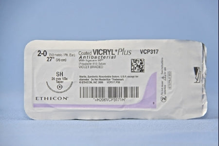 J & J Healthcare Systems  VCP317H Absorbable Antibacterial Suture with Needle Coated Vicryl Plus Polyglactin 910 SH 1/2 Circle Taper Point Needle Size 2 - 0 Braided