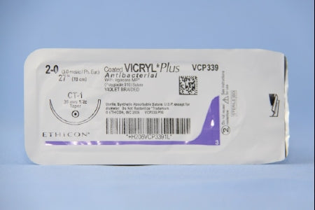 J & J Healthcare Systems  VCP339H Absorbable Antibacterial Suture with Needle Coated Vicryl Plus Polyglactin 910 CT-1 1/2 Circle Taper Point Needle Size 2 - 0 Braided