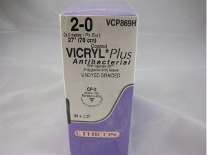 J & J Healthcare Systems  VCP869H Absorbable Antibacterial Suture with Needle Coated Vicryl Plus Polyglactin 910 with Irgacare MP Antibacterial Suture CP-2 1/2 Circle Reverse Cutting Needle Size 2 - 0 Braided