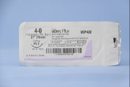 J & J Healthcare Systems  VCP422H Absorbable Antibacterial Suture with Needle Coated Vicryl Plus Polyglactin 910 with Irgacare MP Antibacterial Suture FS-2 3/8 Circle Reverse Cutting Needle Size 4 - 0 Braided