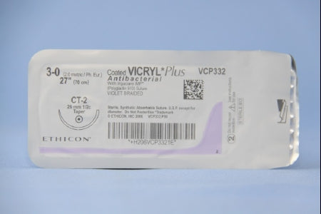 J & J Healthcare Systems  VCP332H Absorbable Antibacterial Suture with Needle Coated Vicryl Plus Polyglactin 910 CT-2 1/2 Circle Taper Point Needle Size 3 - 0 Braided