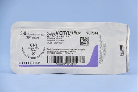 J & J Healthcare Systems  VCP344H Absorbable Antibacterial Suture with Needle Coated Vicryl Plus Polyglactin 910 CT-1 1/2 Circle Taper Point Needle Size 3 - 0 Braided