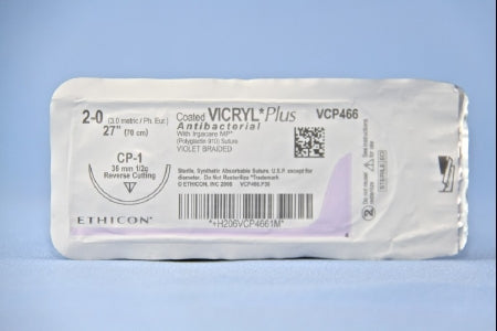 J & J Healthcare Systems  VCP466H Absorbable Antibacterial Suture with Needle Coated Vicryl Plus Polyglactin 910 CP-1 1/2 Circle Reverse Cutting Needle Size 2 - 0 Braided