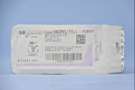 J & J Healthcare Systems  VCP213H Absorbable Antibacterial Suture with Needle Coated Vicryl Plus Polyglactin 910 with Irgacare MP Antibacterial Suture RB-1 1/2 Circle Taper Point Needle Size 5 - 0 Braided