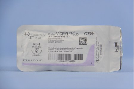 J & J Healthcare Systems  VCP304H Absorbable Antibacterial Suture with Needle Coated Vicryl Plus Polyglactin 910 RB-1 1/2 Circle Taper Point Needle Size 4 - 0 Braided