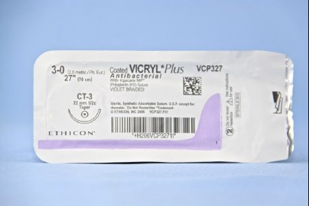 J & J Healthcare Systems  VCP327H Absorbable Antibacterial Suture with Needle Coated Vicryl Plus Polyglactin 910 CT-3 1/2 Circle Taper Point Needle Size 3 - 0 Braided