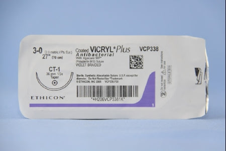 J & J Healthcare Systems  VCP338H Absorbable Antibacterial Suture with Needle Coated Vicryl Plus Polyglactin 910 CT-1 1/2 Circle Taper Point Needle Size 3 - 0 Braided