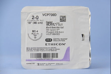 J & J Healthcare Systems  VCP700D Absorbable Antibacterial Suture with Needle Coated Vicryl Plus Polyglactin 910 MO-4 1/2 Circle Taper Point Needle Size 2 - 0 Braided