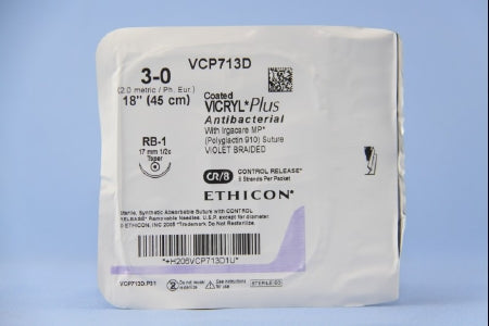 J & J Healthcare Systems  VCP713D Absorbable Antibacterial Suture with Needle Coated Vicryl Plus Polyglactin 910 RB-1 1/2 Circle Taper Point Needle Size 3 - 0 Braided