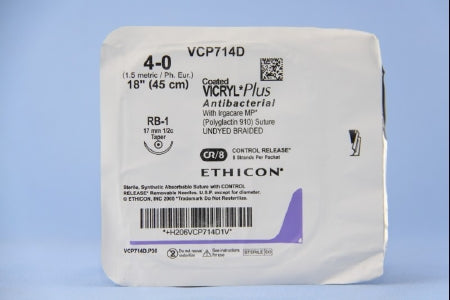 J & J Healthcare Systems  VCP714D Absorbable Antibacterial Suture with Needle Coated Vicryl Plus Polyglactin 910 with Irgacare MP Antibacterial Suture RB-1 1/2 Circle Taper Point Needle Size 4 - 0 Braided