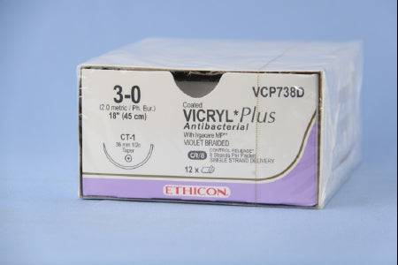 J & J Healthcare Systems  VCP738D Absorbable Antibacterial Suture with Needle Coated Vicryl Plus Polyglactin 910 CT-1 1/2 Circle Taper Point Needle Size 3 - 0 Braided