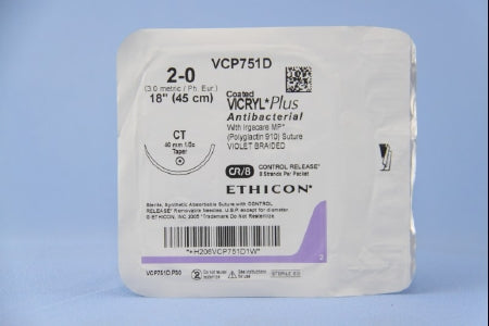 J & J Healthcare Systems  VCP751D Absorbable Antibacterial Suture with Needle Coated Vicryl Plus Polyglactin 910 CT 1/2 Circle Taper Point Needle Size 2 - 0 Braided