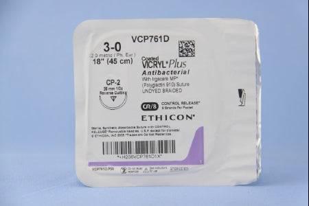 J & J Healthcare Systems  VCP761D Absorbable Antibacterial Suture with Needle Coated Vicryl Plus Polyglactin 910 with Irgacare MP Antibacterial Suture CP-2 1/2 Circle Reverse Cutting Needle Size 3 - 0 Braided