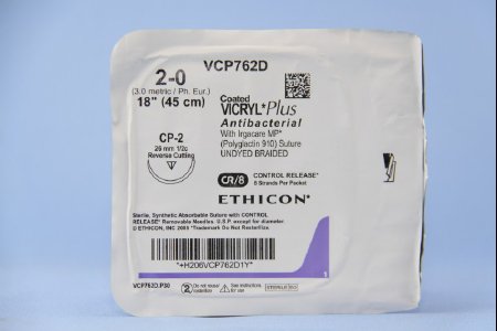 J & J Healthcare Systems  VCP762D Absorbable Antibacterial Suture with Needle Coated Vicryl Plus Polyglactin 910 with Irgacare MP Antibacterial Suture CP-2 1/2 Circle Reverse Cutting Needle Size 2 - 0 Braided