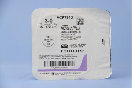 J & J Healthcare Systems  VCP784D Absorbable Antibacterial Suture with Needle Coated Vicryl Plus Polyglactin 910 SH 1/2 Circle Taper Point Needle Size 3 - 0 Braided