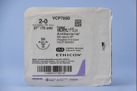 J & J Healthcare Systems  VCP785D Absorbable Antibacterial Suture with Needle Coated Vicryl Plus Polyglactin 910 SH 1/2 Circle Taper Point Needle Size 2 - 0 Braided