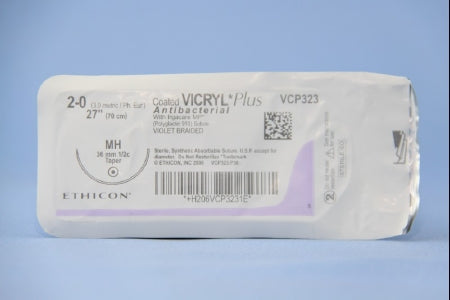 J & J Healthcare Systems  VCP323H Absorbable Antibacterial Suture with Needle Coated Vicryl Plus Polyglactin 910 MH 1/2 Circle Taper Point Needle Size 2 - 0 Braided