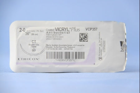 J & J Healthcare Systems  VCP357H Absorbable Antibacterial Suture with Needle Coated Vicryl Plus Polyglactin 910 CT 1/2 Circle Taper Point Needle Size 2 - 0 Braided