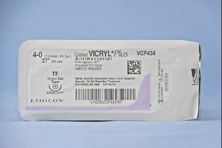 J & J Healthcare Systems  VCP434H Absorbable Antibacterial Suture with Needle Coated Vicryl Plus Polyglactin 910 with Irgacare MP Antibacterial Suture TF 1/2 Circle Taper Point Needle Size 4 - 0 Braided