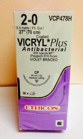 J & J Healthcare Systems  VCP478H Absorbable Antibacterial Suture with Needle Coated Vicryl Plus Polyglactin 910 CP 1/2 Circle Reverse Cutting Needle Size 2 - 0 Braided