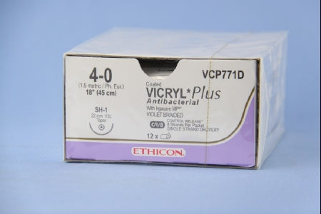 J & J Healthcare Systems  VCP771D Absorbable Antibacterial Suture with Needle Coated Vicryl Plus Polyglactin 910 SH-1 1/2 Circle Taper Point Needle Size 4 - 0 Braided