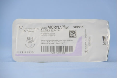 J & J Healthcare Systems  VCP215H Absorbable Antibacterial Suture with Needle Coated Vicryl Plus Polyglactin 910 with Irgacare MP Antibacterial Suture RB-1 1/2 Circle Taper Point Needle Size 3 - 0 Braided