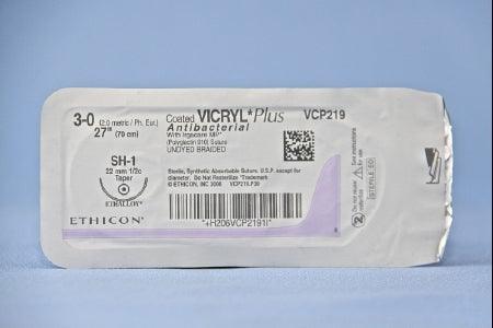 J & J Healthcare Systems  VCP219H Absorbable Antibacterial Suture with Needle Coated Vicryl Plus Polyglactin 910 with Irgacare MP Antibacterial Suture SH-1 1/2 Circle Taper Point Needle Size 3 - 0 Braided