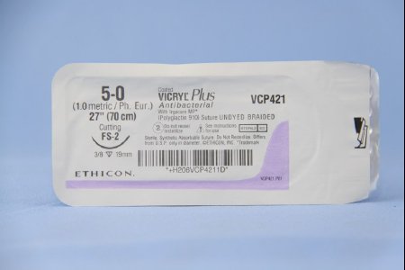 J & J Healthcare Systems  VCP421H Absorbable Antibacterial Suture with Needle Coated Vicryl Plus Polyglactin 910 with Irgacare MP Antibacterial Suture FS-2 3/8 Circle Reverse Cutting Needle Size 5 - 0 Braided