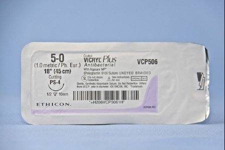 J & J Healthcare Systems  VCP506G Absorbable Antibacterial Suture with Needle Coated Vicryl Plus Polyglactin 910 with Irgacare MP Antibacterial Suture PS-4 1/2 Circle Precision Reverse Cutting Needle Size 5 - 0 Braided