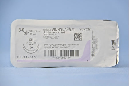 J & J Healthcare Systems  VCP527H Absorbable Antibacterial Suture with Needle Coated Vicryl Plus Polyglactin 910 SH 1/2 Circle Taper Point Needle Size 3 - 0 Braided