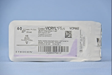 J & J Healthcare Systems  VCP662H Absorbable Antibacterial Suture with Needle Coated Vicryl Plus Polyglactin 910 with Irgacare MP Antibacterial Suture KS Straight Conventional Cutting Needle Size 4 - 0 Braided