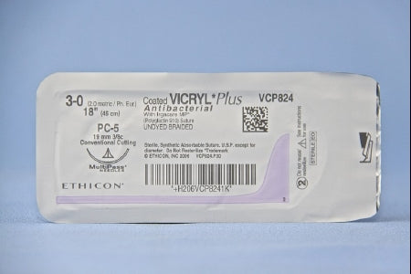 J & J Healthcare Systems  VCP824G Absorbable Antibacterial Suture with Needle Coated Vicryl Plus Polyglactin 910 with Irgacare MP Antibacterial Suture PC-5 3/8 Circle Precision Conventional Cutting Needle Size 3 - 0 Braided