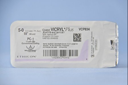 J & J Healthcare Systems  VCP834G Absorbable Antibacterial Suture with Needle Coated Vicryl Plus Polyglactin 910 with Irgacare MP Antibacterial Suture PC-1 3/8 Circle Precision Conventional Cutting Needle Size 5 - 0 Braided